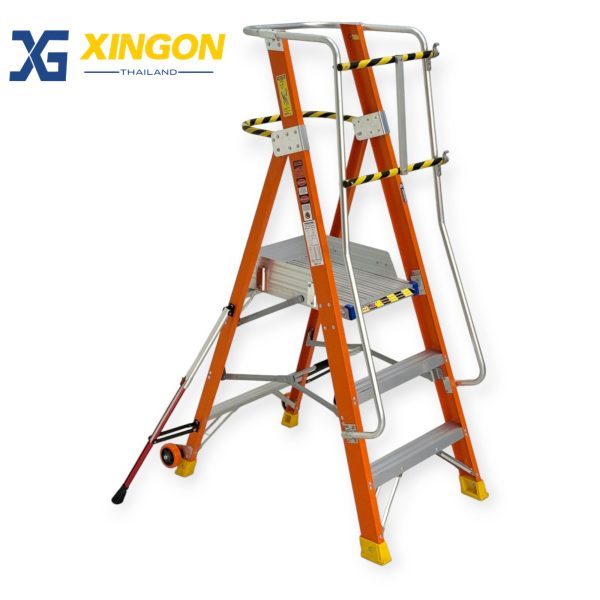 บันไดไฟเบอร์กลาสแพลตฟอรม์ติดล้อ3ฟุตมีราวจับและกันตก+ขาค้ำยันXG-152F3