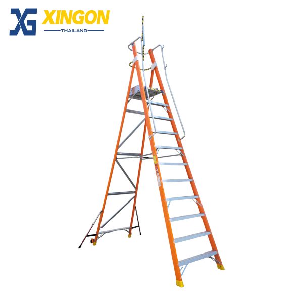 บันไดไฟเบอร์กลาสแพลตฟอรม์ติดล้อ11ฟุตมีราวจับและกันตก+ขาค้ำยันXG-152F11