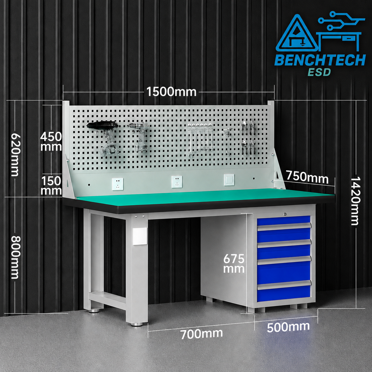 โต๊ะทำงานช่างอเนกประสงค์ESD 150x75x80 cm.มีลิ้นชัก4ชั้น HSB-150GB - Image 2