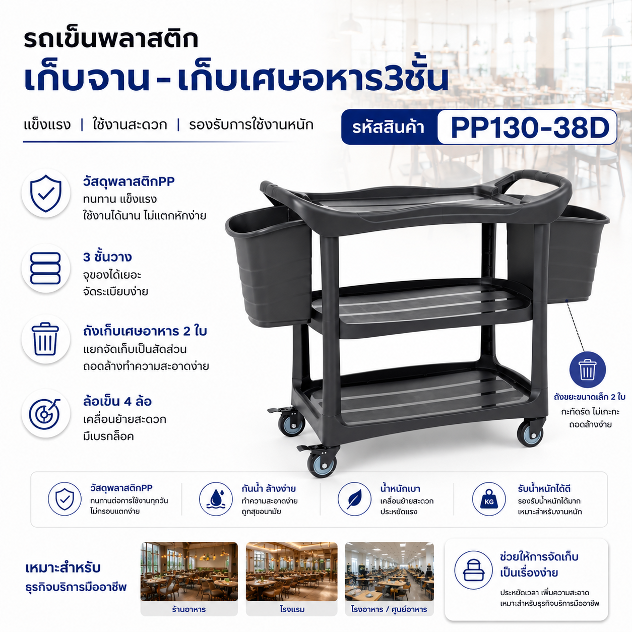 รถเข็นพลาสติกเก็บจาน-เศษอาหาร 3ชั้น ถังเล็ก2ใบ PP130-38D - Image 2