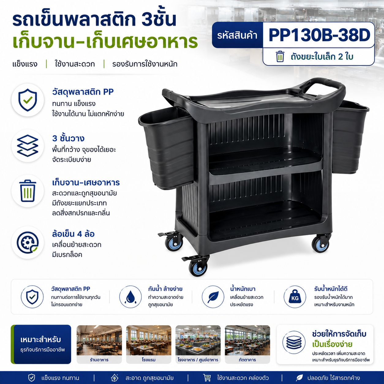 รถเข็นพลาสติก3ชั้นพร้อมแผ่นปิด3ด้านพร้อมถังเก็บเศษอาหารถังเล็ก2ใบ PP130B-38D - Image 2